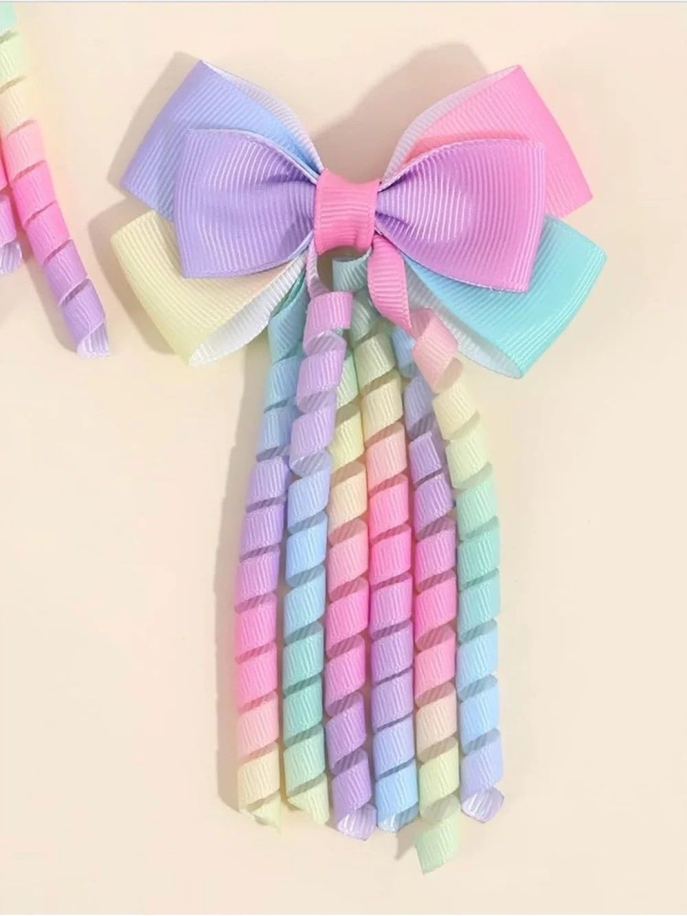 2Pcs Pastel Rainbow Curly Ribbon Bow Hair Clips